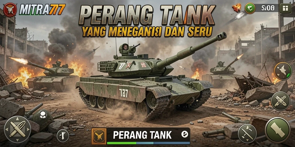Tampilan antarmuka <strong>MITRA77</strong> menunjukkan aksi pertempuran tank yang mendebarkan.